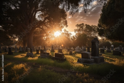 cemetery, with the sun setting behind the headstones, casting a warm and peaceful glow, created with generative ai