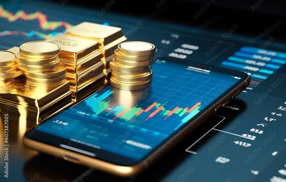 Gold bar with investment concepts.market price monitor.financial economy and strategy.wealth of investor asset.generative ai technology Gold bar with investment concepts.market price monitor.financial economy and strategy.wealth of investor asset.generative ai technology