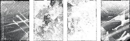 Glitch distorted grungy isolated layers . Design element for brochure, social media, posters, flyers. Overlay texture.Textured banner with Distress effect .Vector halftone dots . Screen print texture