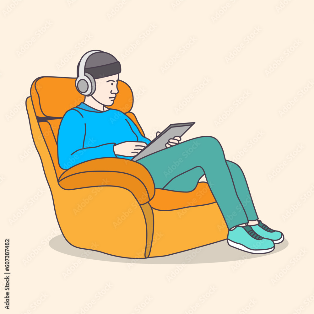 Business man working on a sofa using laptop from home flat coloring line art minimal illustration