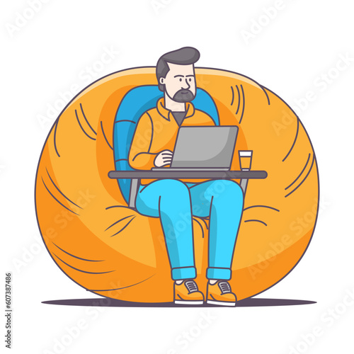 Young boy working on a bean bag chair with a laptop using from home, flat coloring line art minimal illustration
