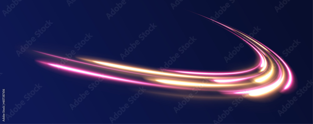 Radial color spirals. Acceleration speed motion on night road. Bright sparkling background. Lines in the shape of a comet against a dark background. The effect of energy and speed. Vector. - obrazy, fototapety, plakaty 