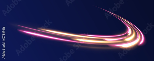 Radial color spirals. Acceleration speed motion on night road. Bright sparkling background. Lines in the shape of a comet against a dark background. The effect of energy and speed. Vector.