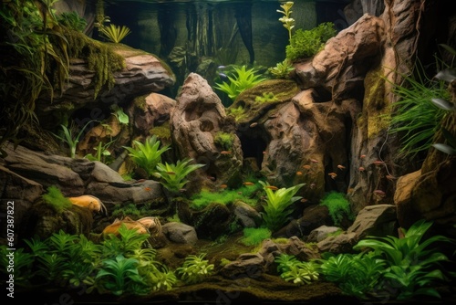 exotic pet habitat with waterfall  lush vegetation and natural colors  created with generative ai