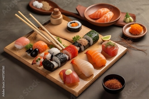 sushi on a plate with chopsticks.
