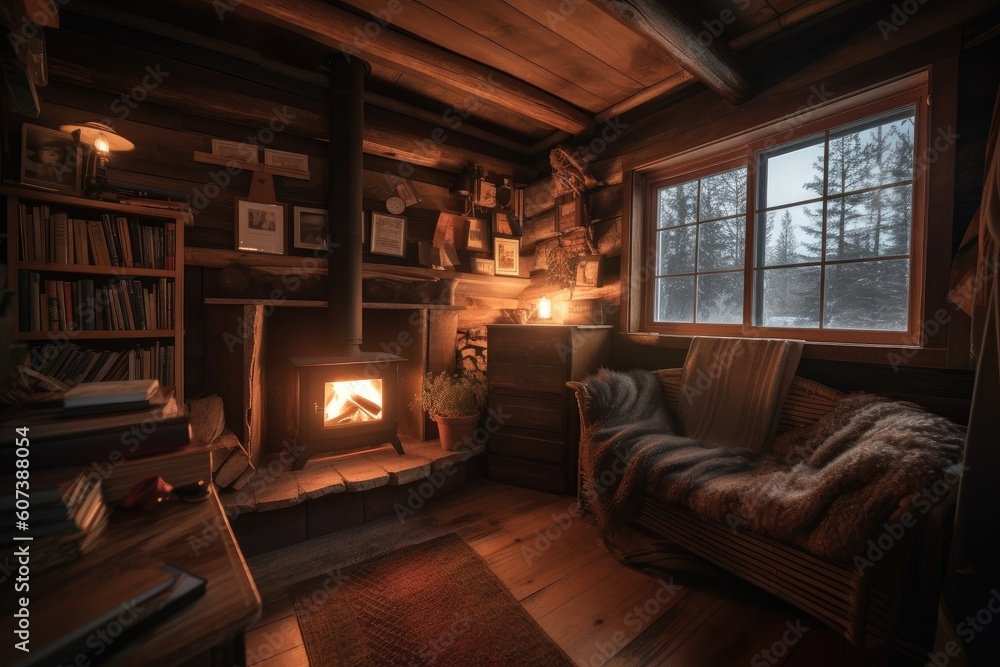 cozy cabin retreat with stack of books and warm fire for reading, created with generative ai cozy cabin retreat with stack of books and warm fire for reading, created with generative ai