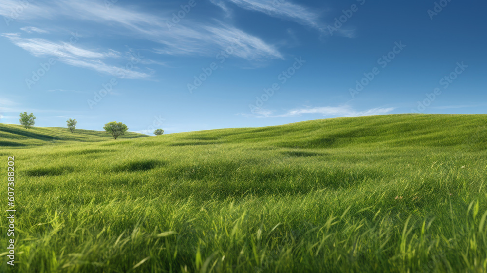 Green grass meadow on hill nature summer landscape background. Generative ai.