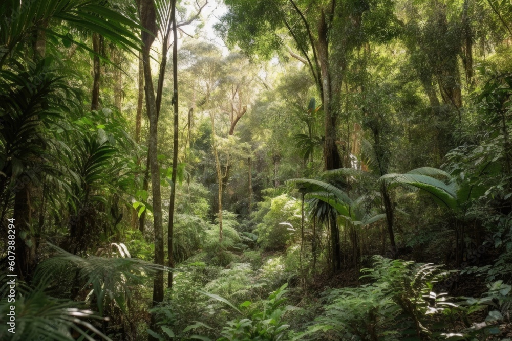 Naklejka premium rainforest with towering trees and lush greenery, surrounded by drought-tolerant native plants, created with generative ai