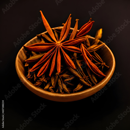Dried star anise in black background. Food and ingredients photography from Generative AI