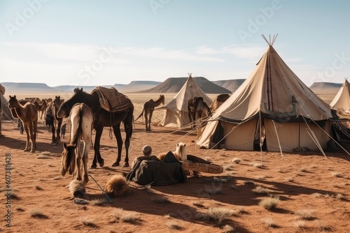 nomadic tribe setting up camp in desert, with tents and animals, created with generative ai photo