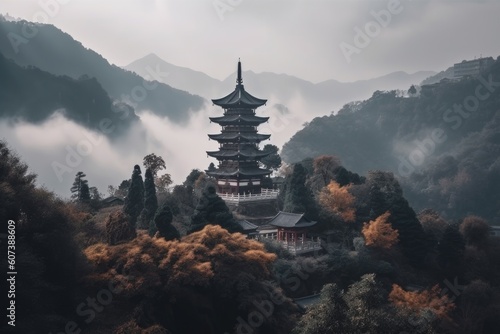 majestic china pagoda rising above misty mountain range, created with generative ai