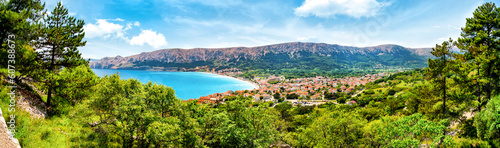 Panorama view over the natur, coast and the town of Baska on the island of Krk. Beautiful romantic summer scenery on the Adriatic Sea. Croatia. Europe.