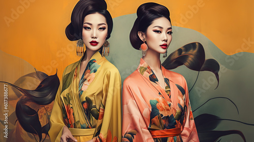Asian women on colorful background, fashion ai illustration 