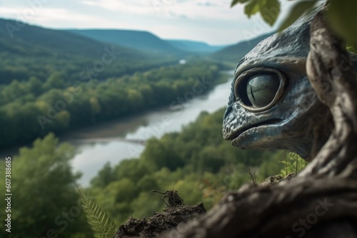 close-up of alien creature observing scenic river valley  created with generative ai