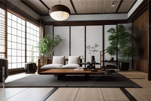 japanese-style living room with minimalist furniture and refined decor, created with generative ai