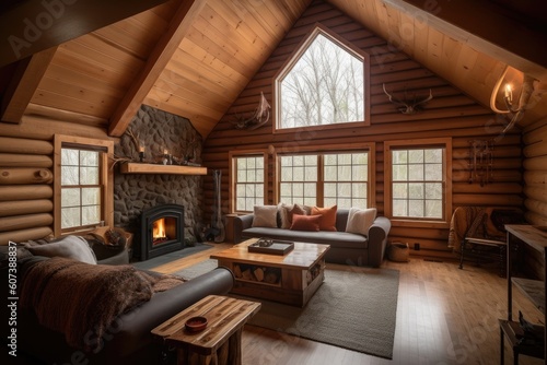 cozy cabin retreat with fireplace  warm and inviting on a chilly day  created with generative ai