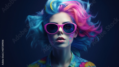 Portrait of young woman in sunglasses with colorful hair  fashion ai illustration 