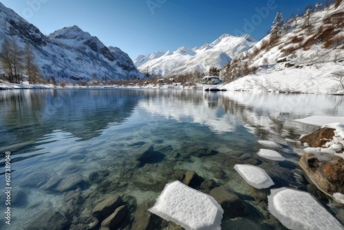 crystal-clear lake surrounded by snow-covered mountains in winter  created with generative ai