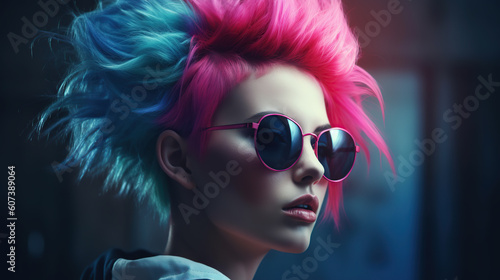 Portrait of young woman in sunglasses with colorful hair  fashion ai illustration 