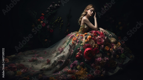 Model in elegant wedding dress with flowers, fashion ai illustration 