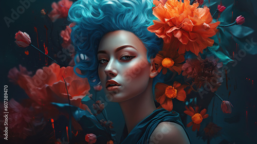 Portrait of a woman with flowers and blue hair, fashion ai illustration 