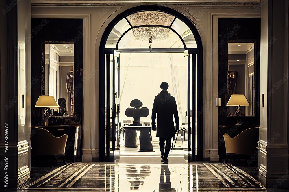 person, entering the bright and welcoming lobby of luxury hotel, created with generative ai