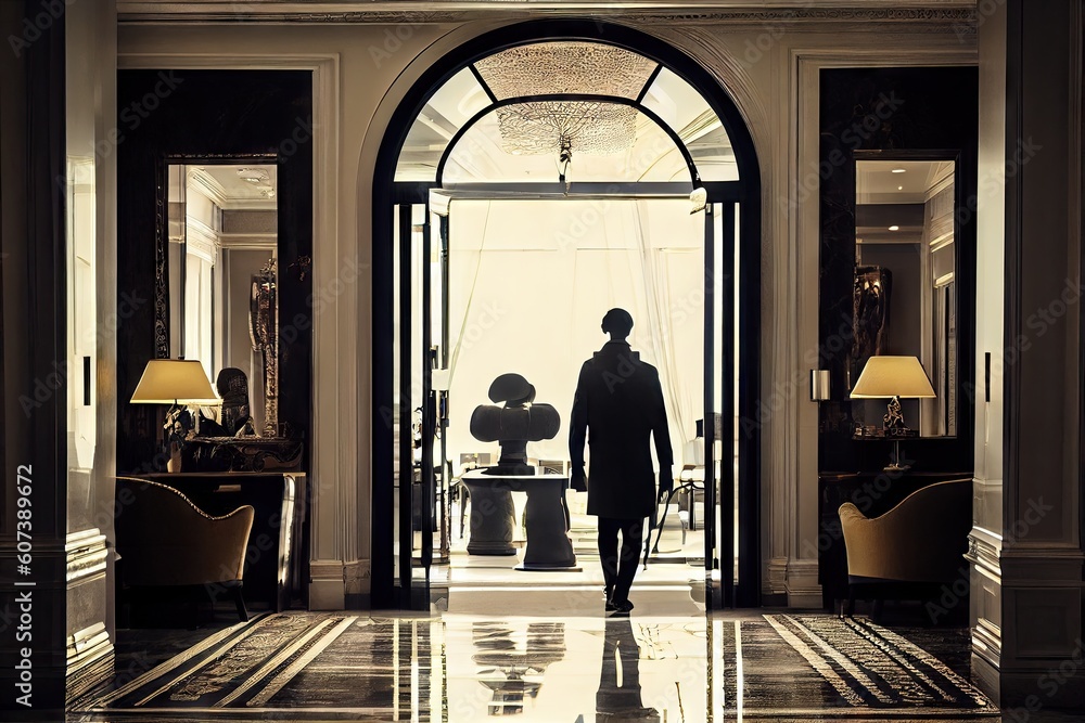 person, entering the bright and welcoming lobby of luxury hotel, created with generative ai person, entering the bright and welcoming lobby of luxury hotel, created with generative ai