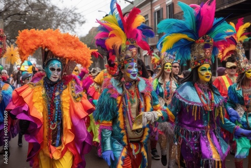 mardi gras parade, with colorful costumes and masks, dancing in the streets, created with generative ai photo