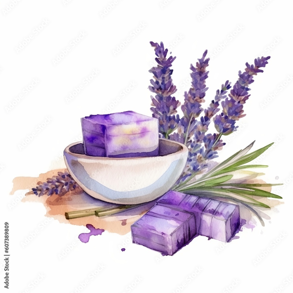 Watercolor illustration of lavender flowers and lavender soap in bowl - Generative AI Watercolor illustration of lavender flowers and lavender soap in bowl - Generative AI