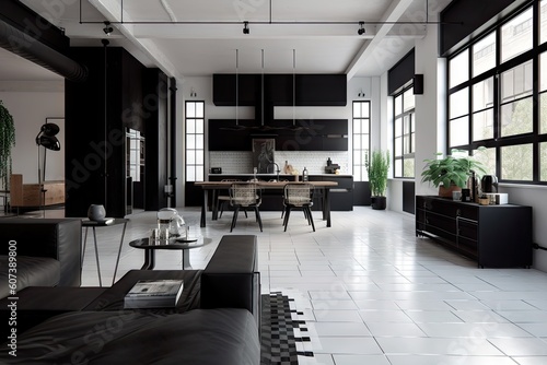 industrial home with black and white color scheme, sleek furniture, and metal accents, created with generative ai