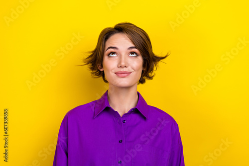 Portrait of agent lady model look up empty space shopping sale wear elegant office clothes isolated yellow color background