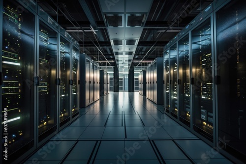data center filled with sleek and powerful servers, humming in the background, created with generative ai