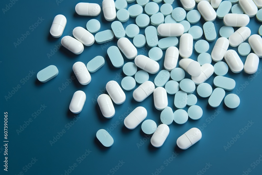 health care pills on blue background from generative ai