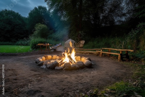 campsite with bonfire and marshmallows, ready for an evening of roasting, created with generative ai