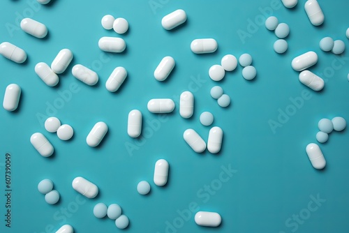 health care pills on blue background from generative ai