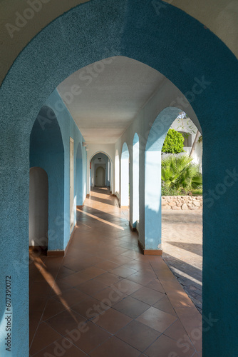 Detail of wall and corridor with many arches in Egypt hotel in Sharm el Sheikh