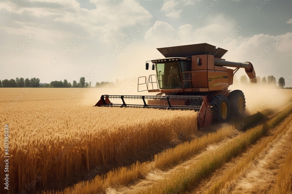 Fototapeta premium The combine harvester is working from generative ai