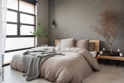 serene bedroom, with minimalist decor and tidy bedding, created with generative ai