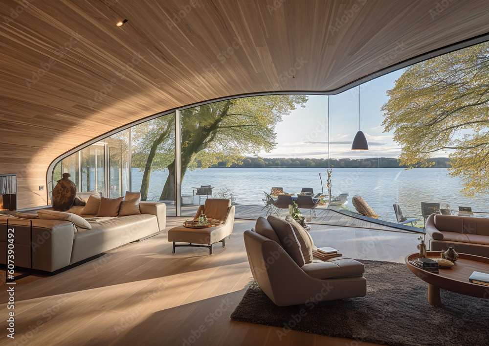 Luxury Interior Sitting Room with Stunning Lake View.
Generative ai