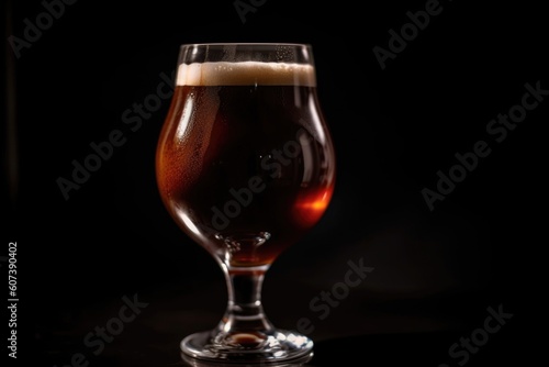 close-up of individual glass of draught beer with foamy head and rich color, created with generative ai