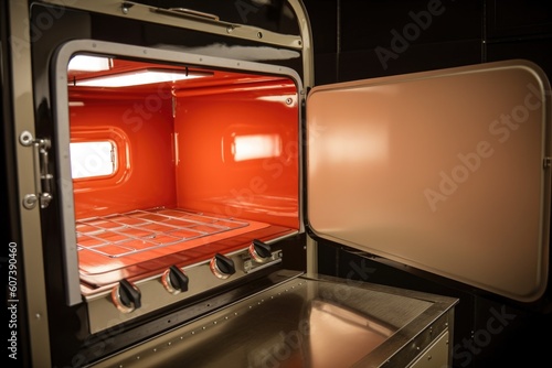 with the oven door opened, showing off its shiny interior and warm glow, created with generative ai