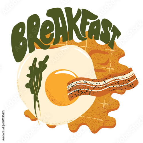Breakfast. Belgian waffle, fried egg, bacon and arugula leaves. Illustration in retro style for breakfast menu, flayers or posters and others.