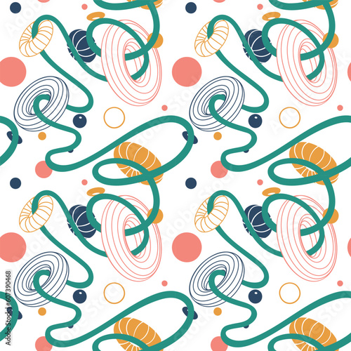 Minimalistic geometrical vector seamless pattern with soaring in weightlessness geometric shapes, bulk rings strung on a thread like beads. Futuristic retro background