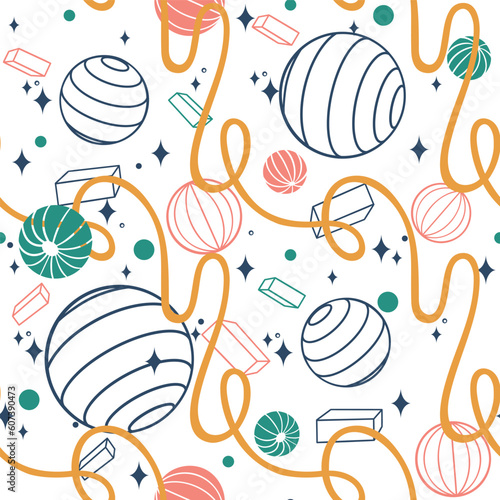 Minimalistic geometrical vector seamless pattern with soaring in weightlessness geometric shapes, parallelograms, spheres, serpentine thread  and glitter stars. Futuristic retro background