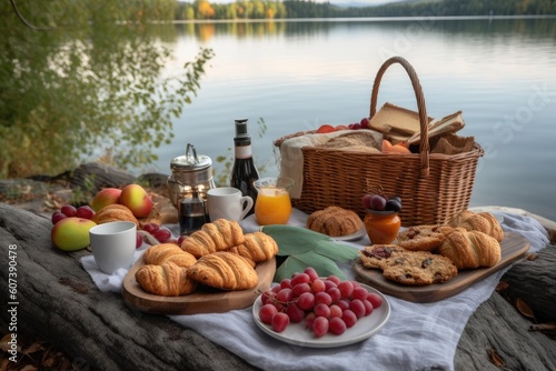 breakfast picnic with freshly baked pastries, fruits, and coffee on a serene lake shore, created with generative ai