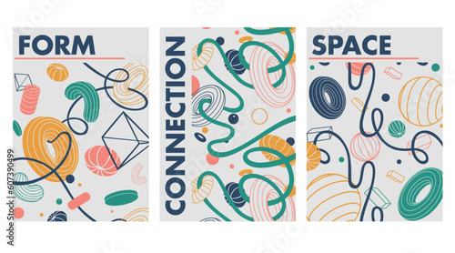 Vector set of geometrical posters. Modern flyers with abstract geometrical background. Geometric shapes soaring and connected by a thread and words like a business concept.