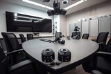 high-tech video conference system with multiple cameras and microphones for group videoconferencing, created with generative ai
