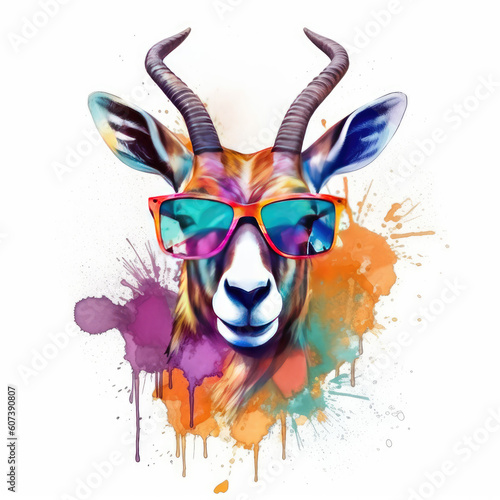 Springbok with sunglasses realistic, colorful watercolor splash background, illustration © Visual Realm