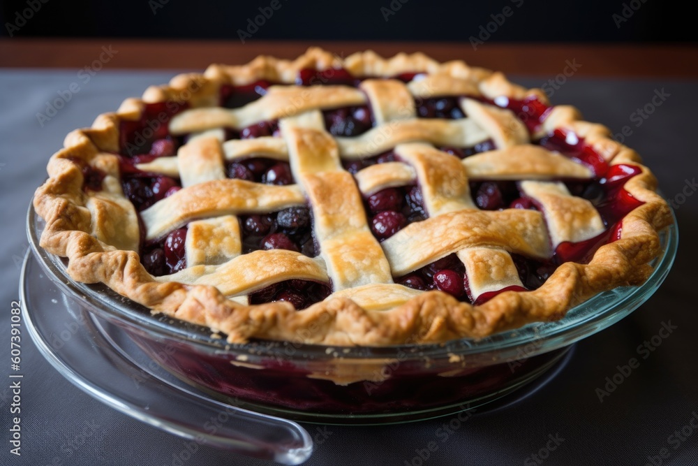 cherry pie with lattice top crust, ready to be served and enjoyed, created with generative ai