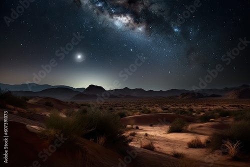 night sky blanketed with glittering stars and a crescent moon over desert landscape, created with generative ai